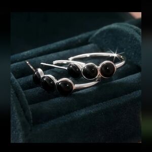 Black Oval Stone Silver Hoop Earrings